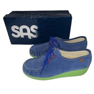 SAS Bounce Shoes Womens 8W Blue Suede Green Lace Up Comfort USA Moccasin Walking